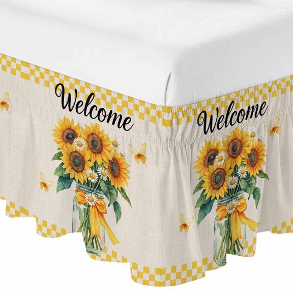 Queen Bed Skirt 16 Inch Drop, Watercolor Sunflower Daisy Butterfly 欧尼 Linen Easy Fit Wrap Around Ruffle Bedding, Yellow Plaid Bed Skirts with Adjustable Elastic Belt