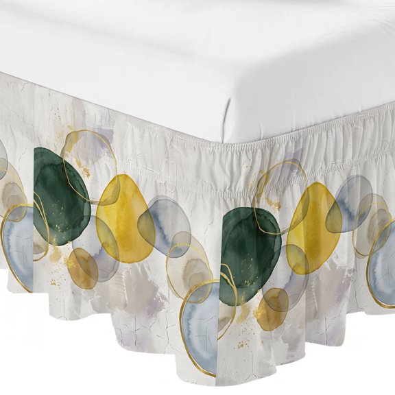 Queen Bed Skirt 16 Inch Drop, Watercolor Yellow Green Circles Easy Fit Wrap Around Ruffle Bedding, Mid-Century Bubbles Bed Skirts with Adjustable Elastic Belt