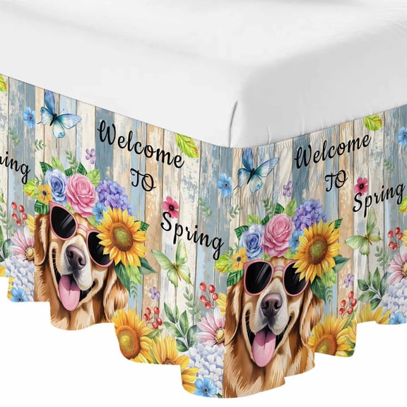 Queen Bed Skirt 16 Inch Drop, Welcome to Spring Words Easy Fit Wrap Around Ruffle Bedding, Farm Cute Dog Flowers Bed Skirts with Adjustable Elastic Belt