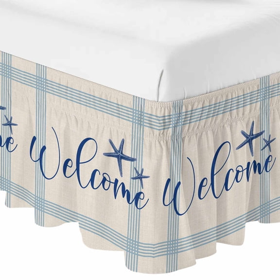Queen Bed Skirt 16 Inch Drop, Welcome Word on Stripe Easy Fit Wrap Around Ruffle Bedding, Seaside Blue Starfish Line Stripes Bed Skirts with Adjustable Elastic Belt