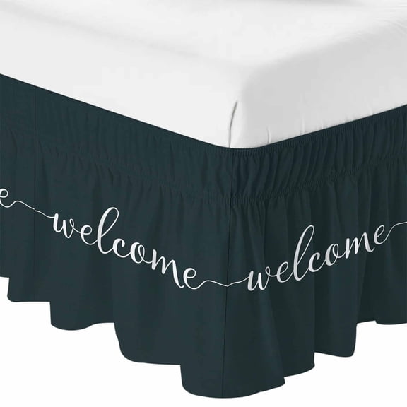 Queen Bed Skirt 16 Inch Drop, Welcome Words Easy Fit Wrap Around Ruffle Bedding, Gradient Black Background Bed Skirts with Adjustable Elastic Belt
