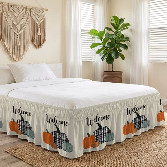 Queen Bed Skirt 16 Inch Drop, Welcome Words on Linen Easy Fit Wrap Around Ruffle Bedding, Thanksgiving Autumn Pumpkin Bed Skirts with Adjustable Elastic Belt