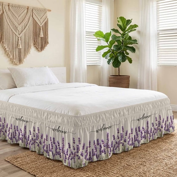 Queen Bed Skirt 16 Inch Drop, Welcome Words on Retro Linen Easy Fit Wrap Around Ruffle Bedding, Farm Purple Lavender Bed Skirts with Adjustable Elastic Belt