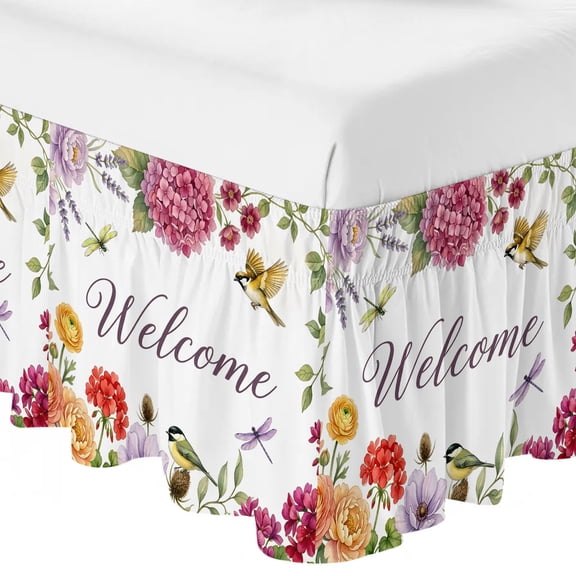 Queen Bed Skirt 16 Inch Drop, Welcome Words Watercolor Flowers Easy Fit Wrap Around Ruffle Bedding, Hummingbird Bed Skirts with Adjustable Elastic Belt