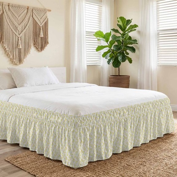 Queen Bed Skirt 16 Inch Drop, Yellow Floral Vine Texture Easy Fit Wrap Around Ruffle Bedding, Elegant Flower Bed Skirts with Adjustable Elastic Belt