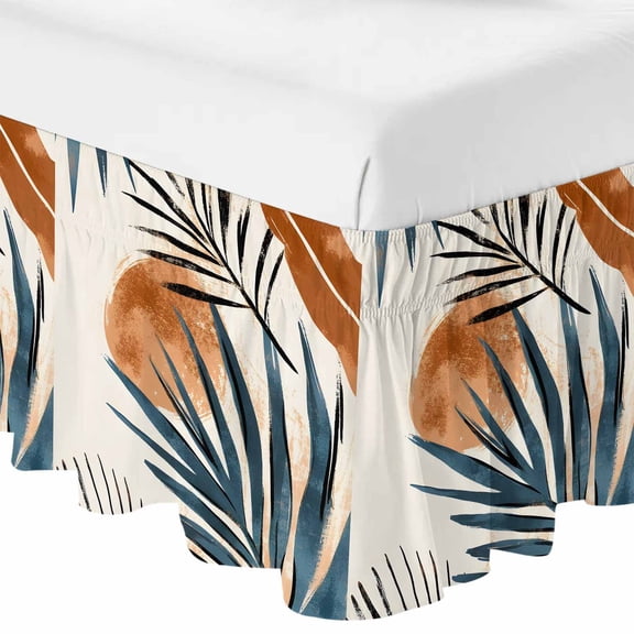 Queen Bed Skirt 18 Inch Drop, Abstract Leaf Boho Sun Easy Fit Wrap Around Ruffle Bedding, Orange Color Block Nordic Style Bed Skirts with Adjustable Elastic Belt