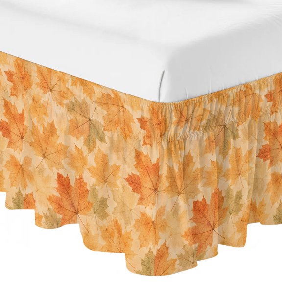Queen Bed Skirt 18 Inch Drop, Autumn Maple Leaf Orange Gradient Easy Fit Wrap Around Ruffle Bedding, Falling Leaves Seamless Bed Skirts with Adjustable Elastic Belt