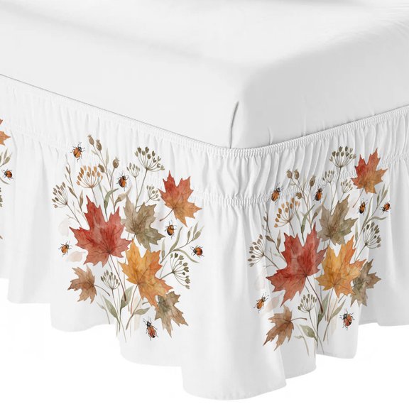 Queen Bed Skirt 18 Inch Drop, Autumn Maple Leaves Easy Fit Wrap Around Ruffle Bedding, Rustic Animal Ladybugs Bed Skirts with Adjustable Elastic Belt