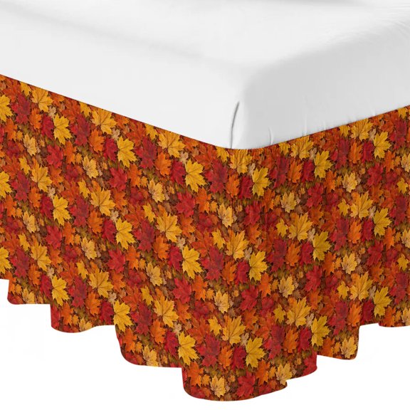 Queen Bed Skirt 18 Inch Drop, Autumn Maple Leaves Seamless Easy Fit Wrap Around Ruffle Bedding, Watercolor Orange Gradient Bed Skirts with Adjustable Elastic Belt