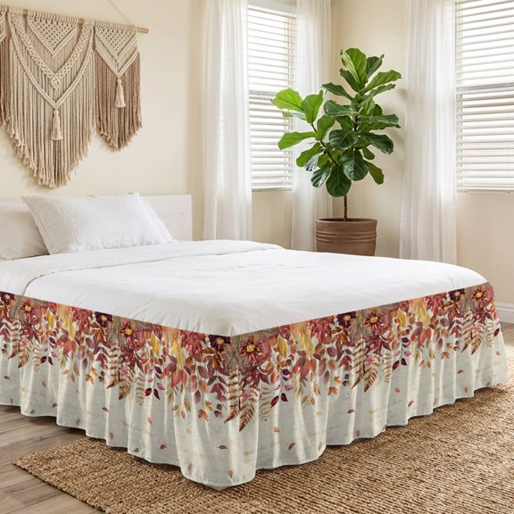 Queen Bed Skirt 18 Inch Drop, Autumn Orange Maple Leaf Easy Fit Wrap Around Ruffle Bedding, Fallen Leaves Retro Linen Bed Skirts with Adjustable Elastic Belt