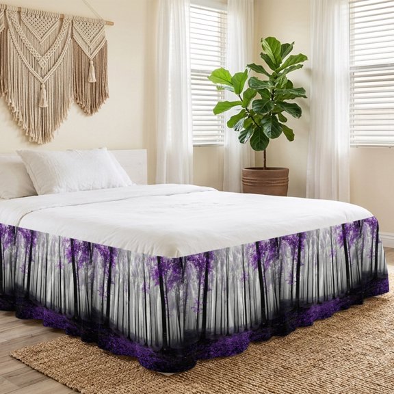 Queen Bed Skirt 18 Inch Drop, Autumn Thanksgiving Maple Trees Easy Fit Wrap Around Ruffle Bedding, Purple Country Leaves Bed Skirts with Adjustable Elastic Belt