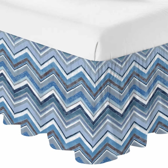 Queen Bed Skirt 18 Inch Drop, Blue Gradient Stripe Nordic Style Easy Fit Wrap Around Ruffle Bedding, White Ripple Geometric Abstract Art Bed Skirts with Adjustable Elastic Belt