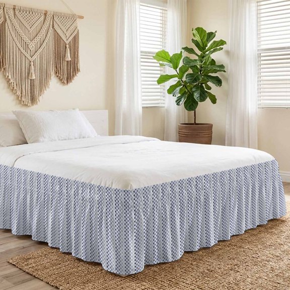 Queen Bed Skirt 18 Inch Drop, Blue Lattice Gradient Abstract Stripe Easy Fit Wrap Around Ruffle Bedding, Overlay Color Block Bed Skirts with Adjustable Elastic Belt