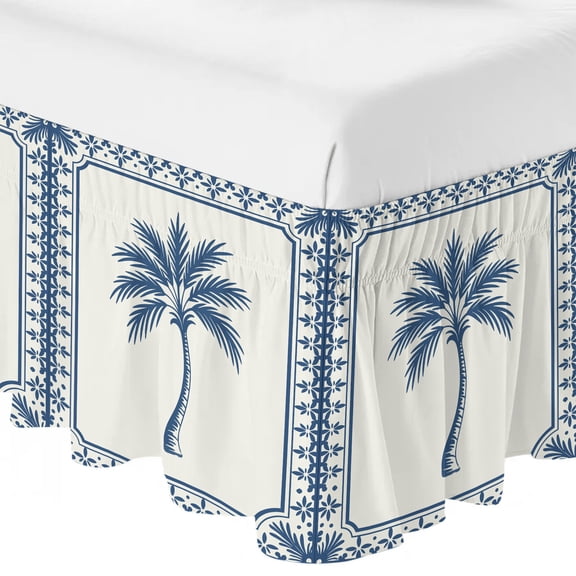 Queen Bed Skirt 18 Inch Drop, Coastal Navy Blue Tropical Palm Tree Easy Fit Wrap Around Ruffle Bedding, Classic Leaf Border Bed Skirts with Adjustable Elastic Belt
