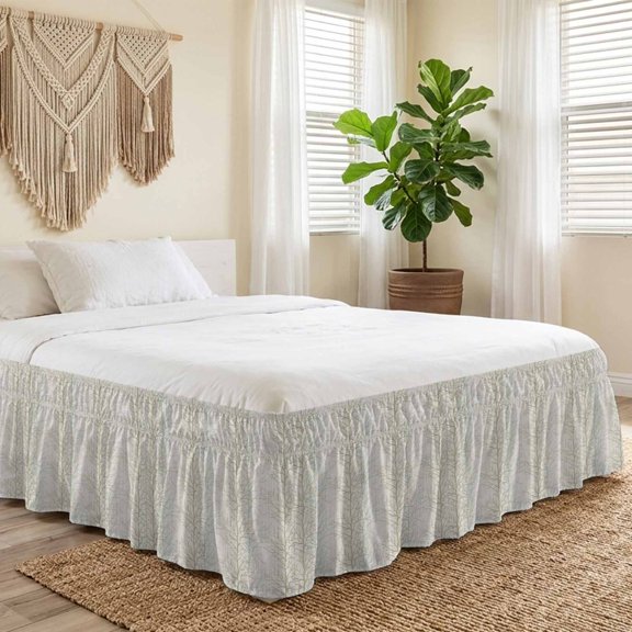 Queen Bed Skirt 18 Inch Drop, Country Tree Branches Texture Easy Fit Wrap Around Ruffle Bedding, Seamless Plant Beige Stripe Bed Skirts with Adjustable Elastic Belt