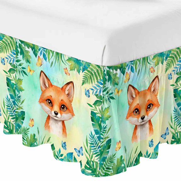 Queen Bed Skirt 18 Inch Drop, Cute Cartoon Animal Small Foxes Easy Fit Wrap Around Ruffle Bedding, Tropical Plants Leaves Bed Skirts with Adjustable Elastic Belt