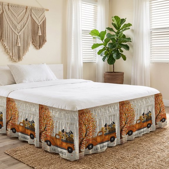 Queen Bed Skirt 18 Inch Drop, Fall Maple Leaf Thanksgiving Pumpkin Farm Truck Easy Fit Wrap Around Ruffle Bedding, Sunflower Retro Letter Bed Skirts with Adjustable Elastic Belt