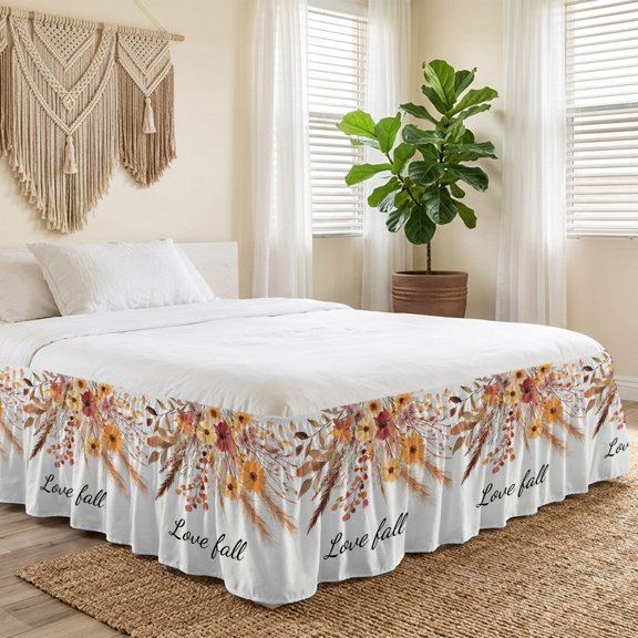Queen Bed Skirt 18 Inch Drop, Fall Watercolor Farm Flowers Reed Easy Fit Wrap Around Ruffle Bedding, Leaves Pine Cones White Bed Skirts with Adjustable Elastic Belt