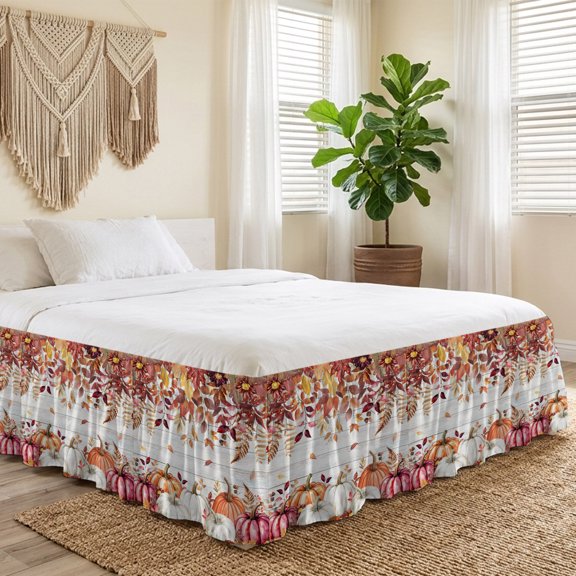Queen Bed Skirt 18 Inch Drop, Farm Autumn Pumpkins on Wood Board Easy Fit Wrap Around Ruffle Bedding, Fall Maple Leaf Bed Skirts with Adjustable Elastic Belt