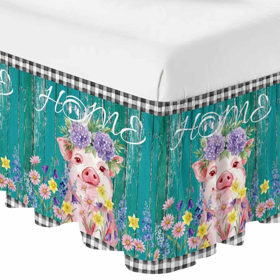 Queen Bed Skirt 18 Inch Drop, Farm Watercolor Flower Pink Pig Easy Fit Wrap Around Ruffle Bedding, Rustic Wood Grain Buffalo Bed Skirts with Adjustable Elastic Belt
