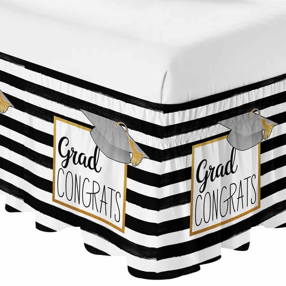 Queen Bed Skirt 18 Inch Drop, Graduation Hat Golden Lines Border Easy Fit Wrap Around Ruffle Bedding, Black White Stripe Bed Skirts with Adjustable Elastic Belt