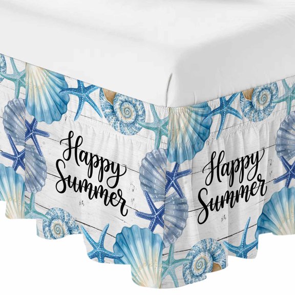Queen Bed Skirt 18 Inch Drop, Happy Summer Words on Farm Wood Easy Fit Wrap Around Ruffle Bedding, Sea Stars Shells Bed Skirts with Adjustable Elastic Belt