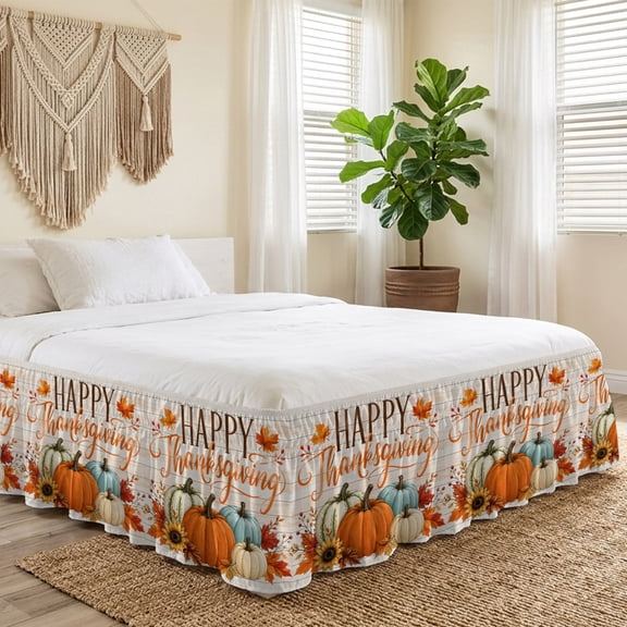 Queen Bed Skirt 18 Inch Drop, Happy Thanksgiving Words Easy Fit Wrap Around Ruffle Bedding, Fall Pumpkins Maple Leaves Bed Skirts with Adjustable Elastic Belt