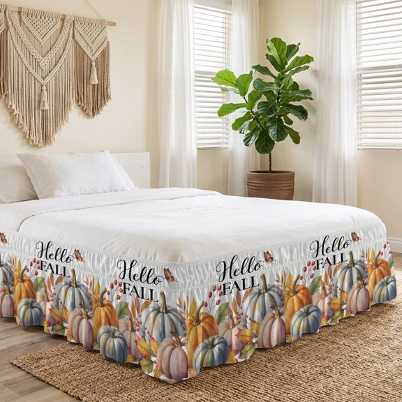 Queen Bed Skirt 18 Inch Drop, Hello Fall Words Easy Fit Wrap Around Ruffle Bedding, Thanksgiving Pumpkin Butterfly Bed Skirts with Adjustable Elastic Belt