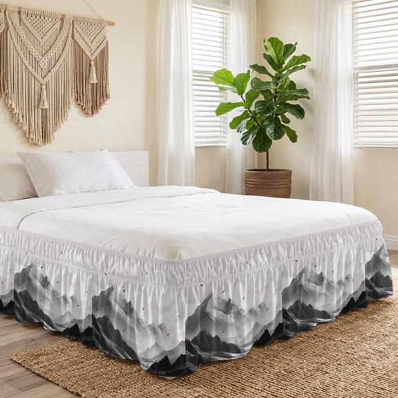Queen Bed Skirt 18 Inch Drop, Monochrome Mountain Landscape Easy Fit Wrap Around Ruffle Bedding, Hill Eagle Sun and Cloud Bed Skirts with Adjustable Elastic Belt