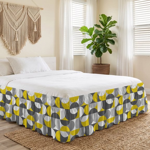 Queen Bed Skirt 18 Inch Drop, Nordic Medieval Splicing Half Circle Easy Fit Wrap Around Ruffle Bedding, Yellow Grey Abstract Bed Skirts with Adjustable Elastic Belt