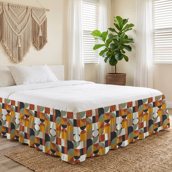 Queen Bed Skirt 18 Inch Drop, Nordic Mid Century Retro Color Block Easy Fit Wrap Around Ruffle Bedding, Abstract Geometric Half Circle Bed Skirts with Adjustable Elastic Belt