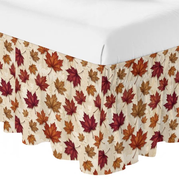 Queen Bed Skirt 18 Inch Drop, Retro Maple Leaves Easy Fit Wrap Around Ruffle Bedding, Rustic Country Botanical Bed Skirts with Adjustable Elastic Belt