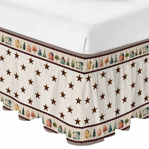 Queen Bed Skirt 18 Inch Drop, Rustic Country Towns Illustration Easy Fit Wrap Around Ruffle Bedding, Brown Stars Tree House Bed Skirts with Adjustable Elastic Belt