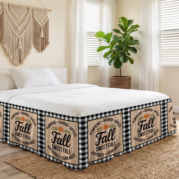 Queen Bed Skirt 18 Inch Drop, Sweet Fall Words Easy Fit Wrap Around Ruffle Bedding, Pumpkin on Black White Plaid Bed Skirts with Adjustable Elastic Belt