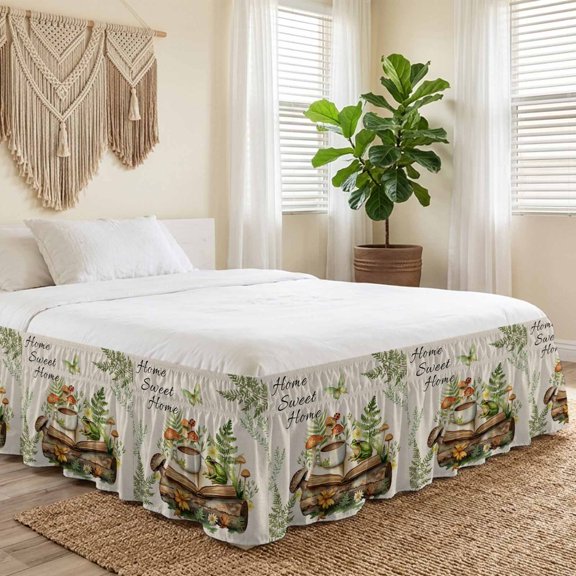 Queen Bed Skirt 18 Inch Drop, Sweet Home Frog Easy Fit Wrap Around Ruffle Bedding, Mushroom Coffee Book on Retro Linen Bed Skirts with Adjustable Elastic Belt
