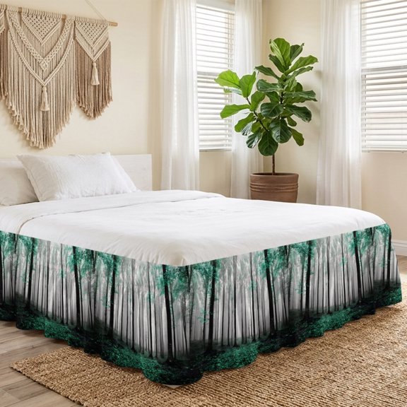 Queen Bed Skirt 18 Inch Drop, Thanksgiving Green Maple Trees Easy Fit Wrap Around Ruffle Bedding, Fall Maple Leaves Bed Skirts with Adjustable Elastic Belt