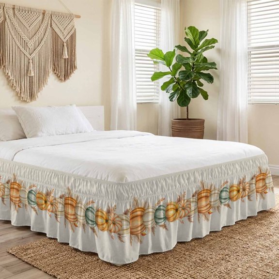Queen Bed Skirt 18 Inch Drop, Thanksgiving Pumpkin Autumn Reed Easy Fit Wrap Around Ruffle Bedding, Fall Leaves Retro Linen Bed Skirts with Adjustable Elastic Belt