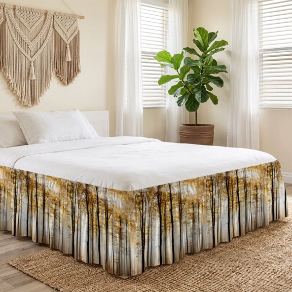 Queen Bed Skirt 18 Inch Drop, Thanksgiving Rustic Maple Tree Easy Fit Wrap Around Ruffle Bedding, Autumn Forest Trees Theme Bed Skirts with Adjustable Elastic Belt