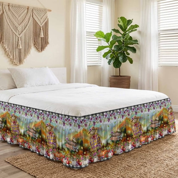 Queen Bed Skirt 18 Inch Drop, Welcome to Fall Words Easy Fit Wrap Around Ruffle Bedding, Scarecrows Grape Wildflowers Bed Skirts with Adjustable Elastic Belt