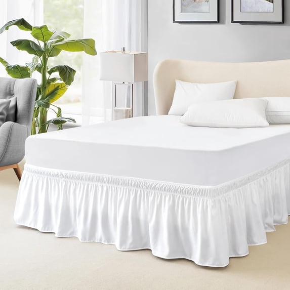 Queen Bed Skirt, Elastic Wrap Around Bed Skirt Queen Size, Bed Skirts for Adjustable Bed, Easy Fit with 15-Inch Tailored Drop, Hotel Quality Dust Ruffle for Queen Bed (White)
