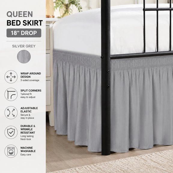Queen Bed Skirt Wrap Around with Split Corners, 17" Drop Silver Grey Elastic Dust Ruffle, Adjustable, Wrinkle & Fade Resistant, Machine Washable