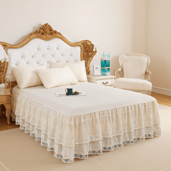 Queen Bed Skirt with Double Lace Ruffle, 17-Inch Drop, Elastic Wrap Around, Wrinkle & Fade Resistant