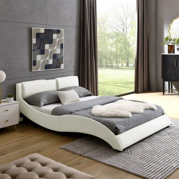 Queen Bed Solid and Stable Frame Modern Faux Leather Upholstered Platform Bed Frame with and Headboard Wave Like Curve Low Profile Bed Frame,Wood Slats Support,Easy Assembly(White)
