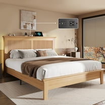 Solid Wood Queen Bed Frame, Platform Bed with High Headboard and Charging Station, Natural