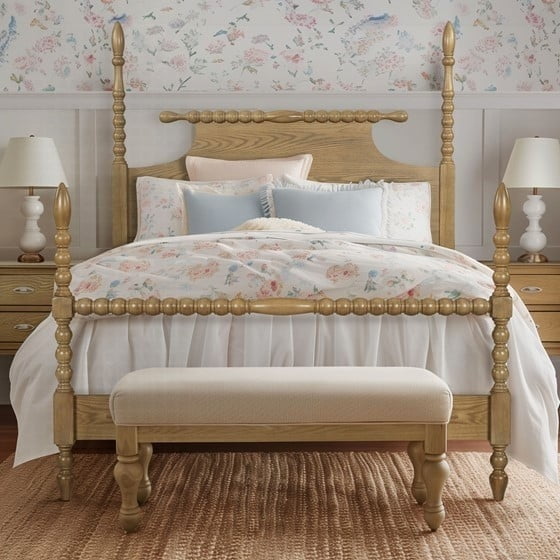Queen Bed - Solid Wood Frame, Turned Legs & Clearance Under Side Rails