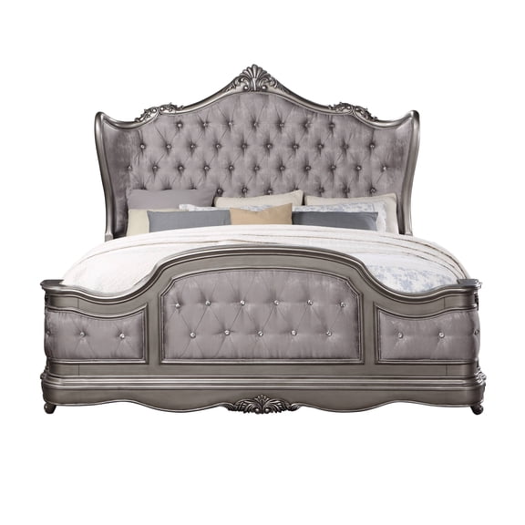 Queen Bed Velvet Antique Platinum Finish Upholstered Platform Bed Frame with Headboard, Luxury Bedroom Furniture