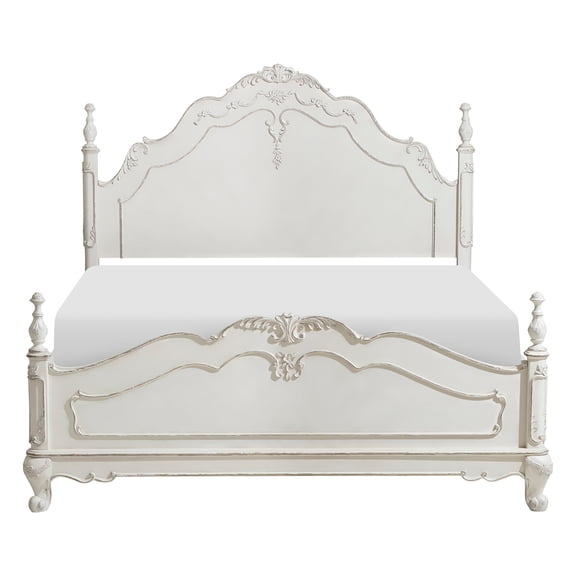 Queen Bed, Victorian Style Solid Wood Bed Frame with Floral Motif Carvings, Antique White with Gray Rub-Through Finish, Classic Poster Bed for Bedroom, 66.25" x 88.75" x 56"H