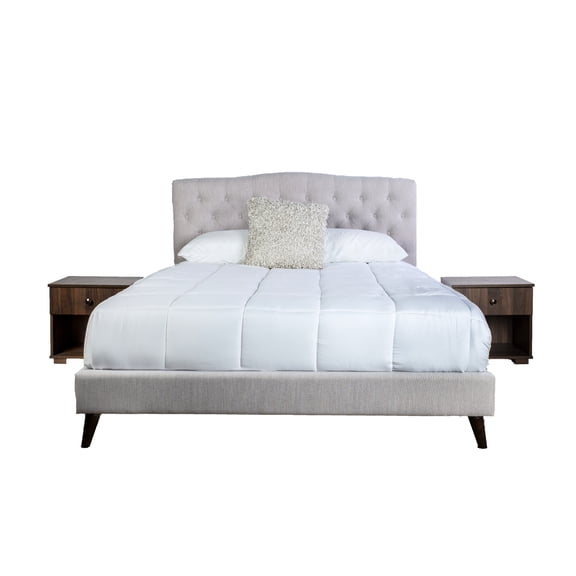 Queen Bed With 2 Upholstered Nightstands, Stone, 100% , Gray, Nightstands Walnut Tops, Doors And Handles Including Stone Color, Edges, Drawer