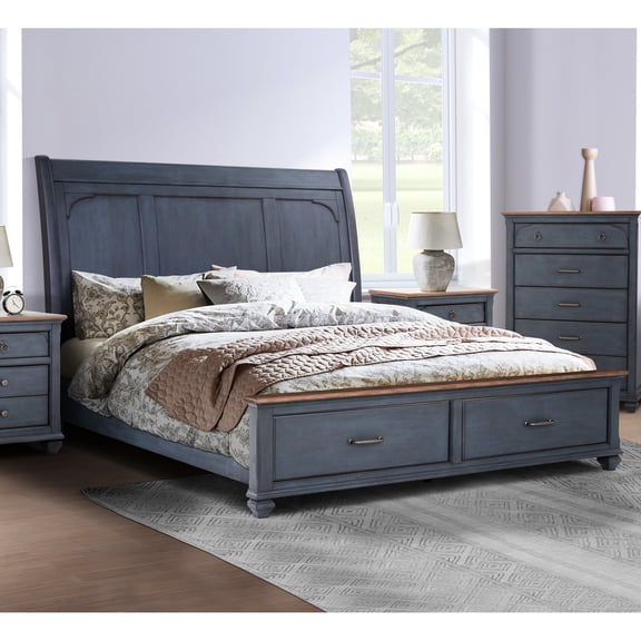 Queen Bed With Corduroy Blue - Rubberwood & Antique Size Style, Hardware