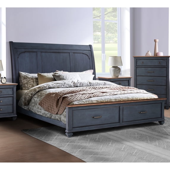 Queen Bed With Corduroy - Ports & Center Support Leg In Birch Veneers Storage Drawers